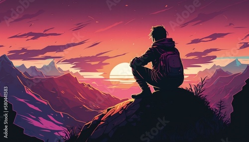young man sitting on a mountain, sunset, generative ai