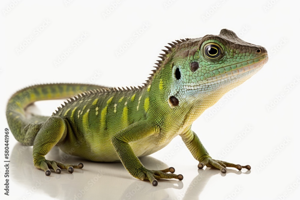 Gastropholis prasina, a green keel bellied lizard, is shown alone on a white background. Generative AI Gastropholis prasina, a green keel bellied lizard, is shown alone on a white background. Generative AI
