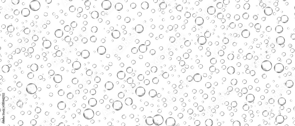 Water bubbles set isolated on white background. Air water bubbles for soda effect, transparent backdrop, icon design, champagne bubbles, texture and wallpaper. Water drops pattern, vector illustration