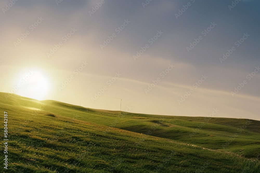 Obraz premium Beautiful natural spring summer landscape of meadow in a hilly area on sunset. Field with young green grass and a road