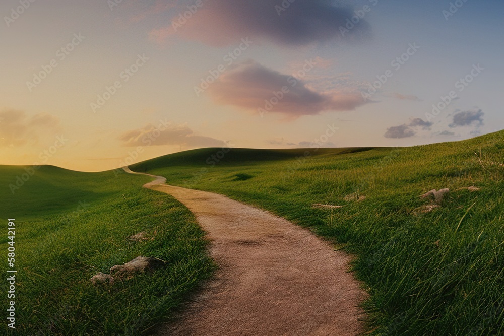 Beautiful natural spring summer landscape of meadow in a hilly area on sunset. Field with young green grass and a road Beautiful natural spring summer landscape of meadow in a hilly area on sunset. Field with young green grass and a road