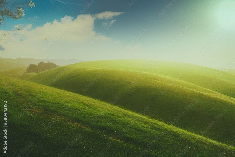 Obraz premium Beautiful natural spring summer landscape of meadow in a hilly area on sunset. Field with young green grass