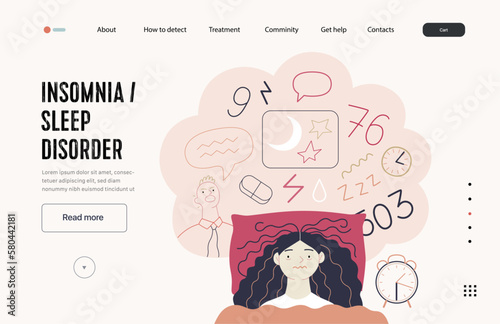 Mental disorders web template. Insomnia, sleep disorder - modern flat vector illustration of a woman meeting with a sleep disorder trying to fall asleep. People emotional, psychological, mental