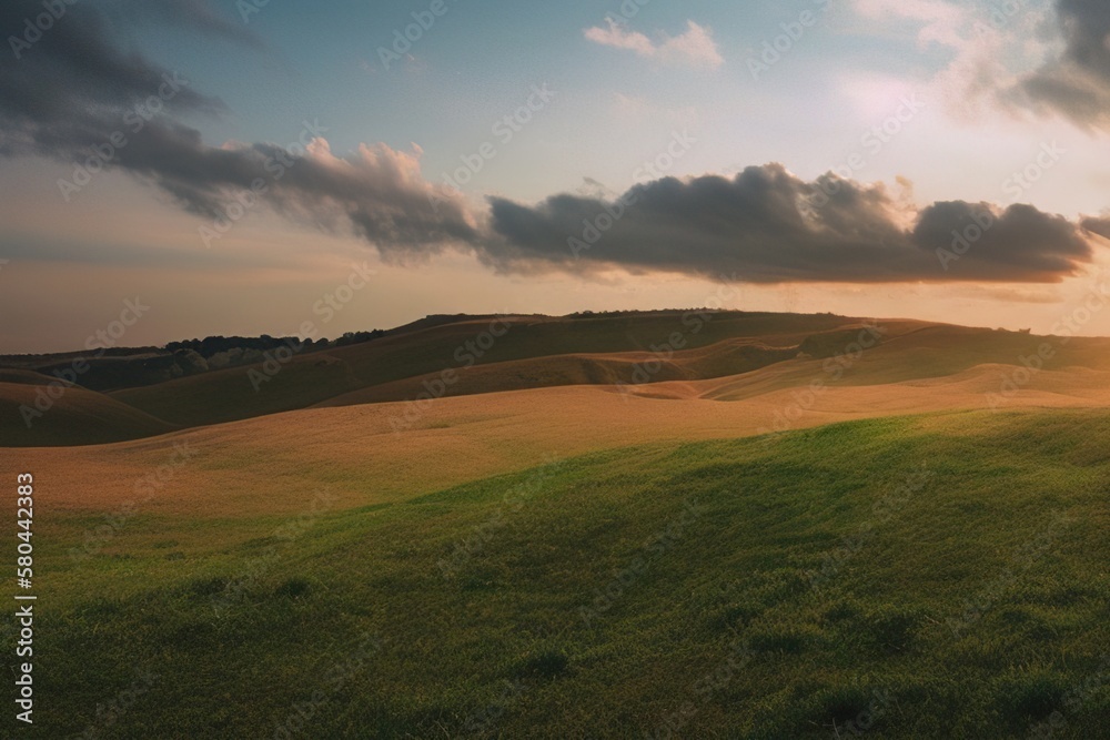 Beautiful natural summer landscape of meadow with a sunset. Field with young green grass. AI Generated