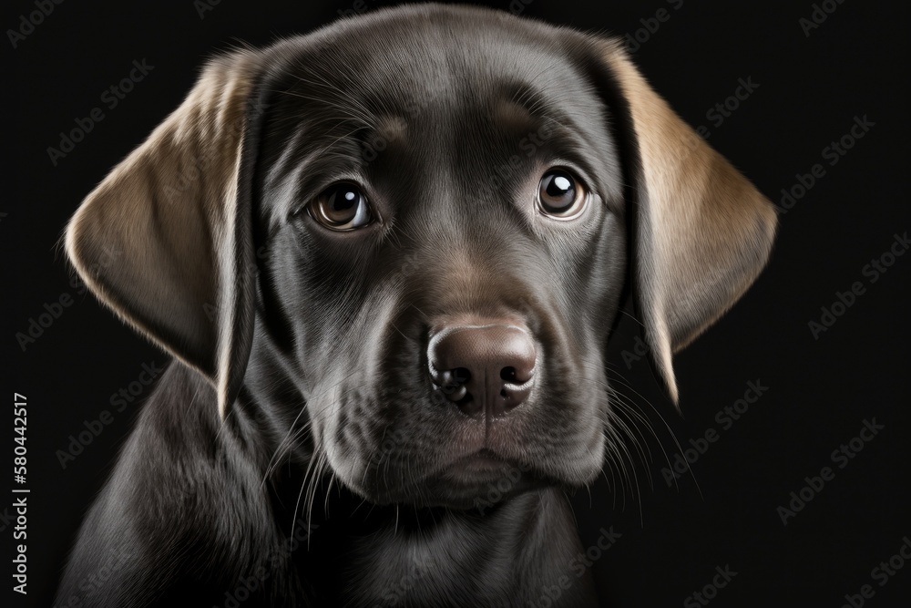 Front view of a beautiful Labrador Retriever puppy looking sad and up, isolated on a black background. Generative AI Front view of a beautiful Labrador Retriever puppy looking sad and up, isolated on a black background. Generative AI