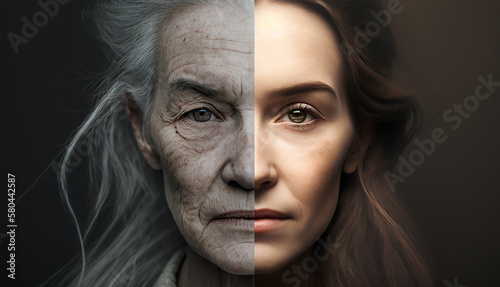 one face of human woman youth and old age .two parts of the face of life aging human comparison two halves.Generative AI photo