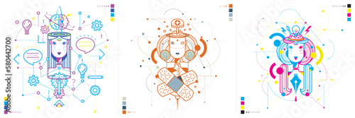 A set of linear representations of women, the profession of a nurse, scientist and graphic designer. A young woman, a thinker. Girl with ideas, gears, working cogs (ID: 580442700)