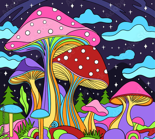Retro psychedelic groovy landscape. fantastic mushrooms vector