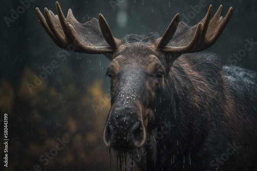 Detail of a portrait of a moose or elk, Alces alces, in a dark forest on a rainy day. Beautiful animal living in the wild. Scene of Swedish wildlife. Generative AI