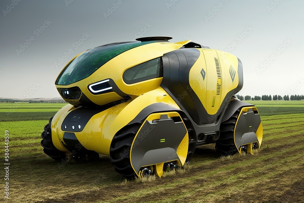 Futuristic agricultural equipment. Green energy concept car, autopilot. AI Generated.
