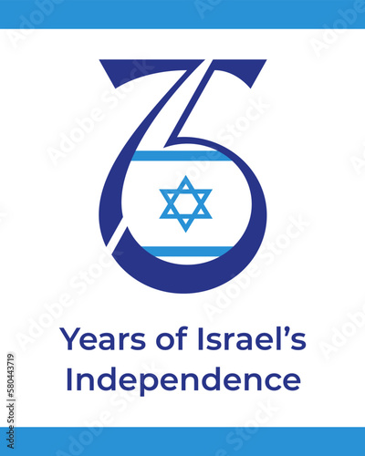 75 years anniversary Israel Independence Day. Festivity card with number 75 and the Israeli flag. Concept for 75th years Yom Haatzmaut. Vector flat style illustration on white background photo