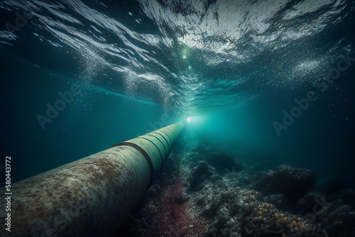 Pipeline underwater. Natural Gas Pipeline underwater. Construction Gas Pipeline undersea. Natural Gas and Crude oil pipe underwater. Transit petrochemical pipe undersea. Ai Generative