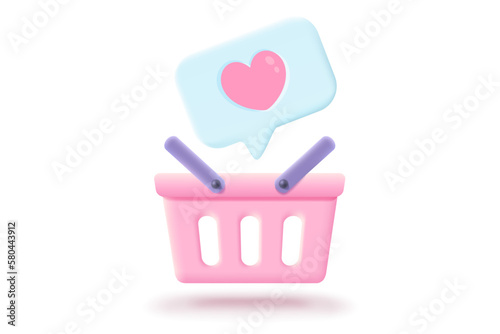 Vector pink shopping basket in realistic 3d style with like icon. Vector illustration of pink shopping basket on isolated background.