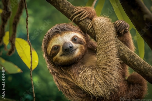 Cute sloth hanging from tree branch with funny face, perfect portrait of wild animal in the Rainforest of Costa Rica scratching the belly. The brown throated three toed sloth, or Bradypus variegatus photo