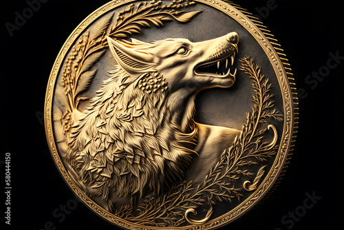 Gold coin with the image of a wolf. Neural network AI generated