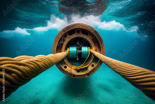 Submarine communications cable undersea. Underwater Cables Across The Atlantic. Cable Underwater in ocean. Internet submarine cables undersea. Global network, underwater Internet. Ai Generative photo