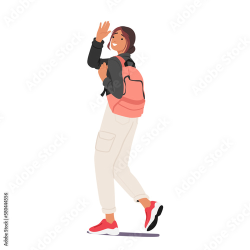 Cheerful Girl Student Character Waving Hand With Backpack On Her Back. Energetic And Positive Vibe Image