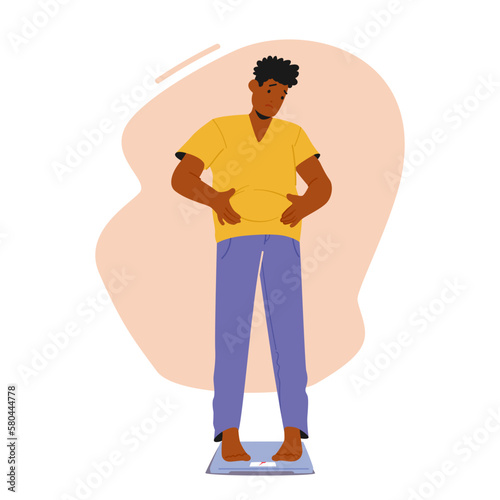 Male Character Standing On Scales Unhappy With Weight Gain And Big Belly. Health And Fitness Promotion, Weight Loss