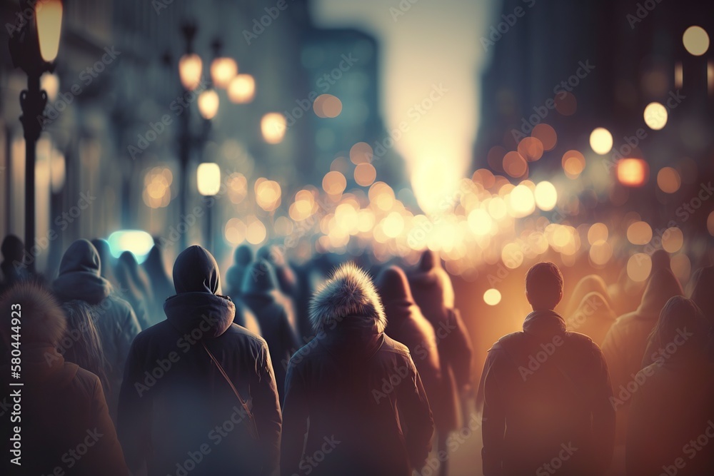 illustration, people walking down the street at night, blurred background, ai generative
