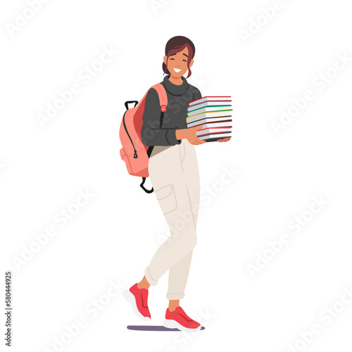 Student Girl Character Carrying Backpack And Stack Of Notebooks As She Walks. Concept Of Youth And Academic Pursuit