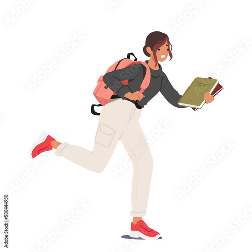 Student Girl Character Running With Backpack And Pile Of Books In Hands Being Late To Lessons In College Or University