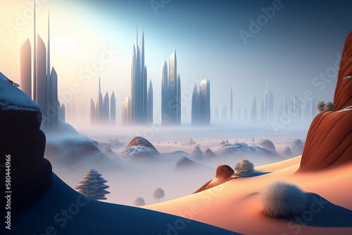 Surreal futuristic city covered in a desert in a winter scene covered with fog and snow, created with Generative AI technology