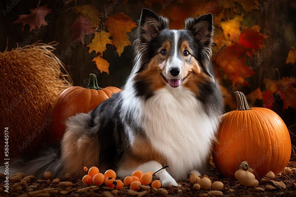 Dog in front of a background of pumpkins. Holidays for Halloween. Shetland Pumpkin with sheepdog. Harvest. Thanksgiving day. Sheltie dog. Generative AI Dog in front of a background of pumpkins. Holidays for Halloween. Shetland Pumpkin with sheepdog. Harvest. Thanksgiving day. Sheltie dog. Generative AI