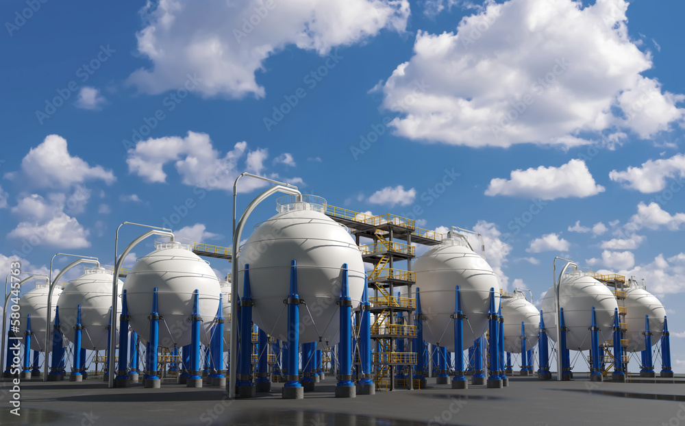 Industrial view of the territory of the plant. Hydrogen production. Industrial hydrogen tanks.  Environmentally friendly energy in H2. Chemical industry. - obrazy, fototapety, plakaty 
