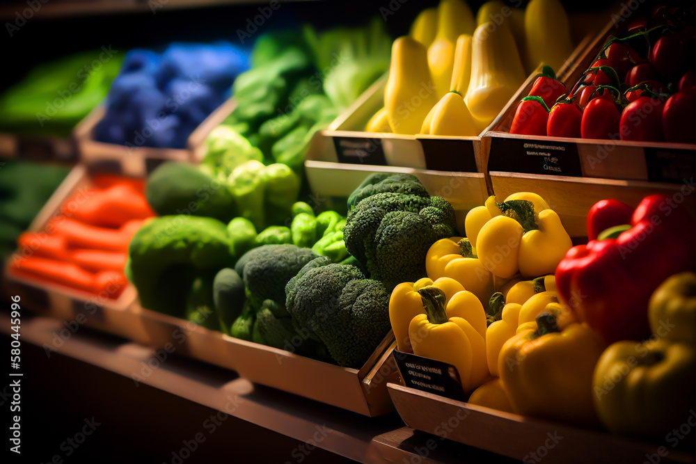 Vegetables and fruits on shelf in supermarket. Produce Grocery Store
