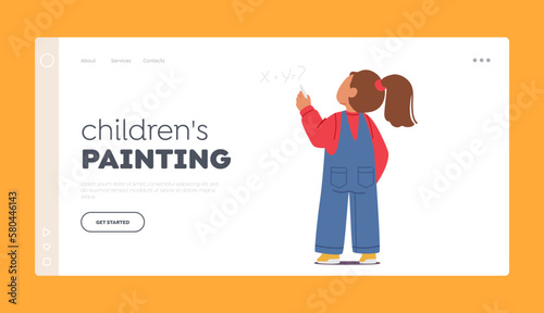 Children Painting Landing Page Template. Child Writing Mathematics Equations On Blackboard Vector Illustration