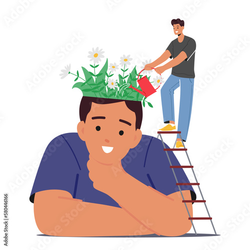 Mental Health, Wellness, Brain Treatment Concept. Tiny Male Character Watering Blooming Flowers In Huge Head