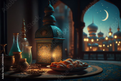 Traditional ramadan Iftar foods on the islamic background Generative AI photo