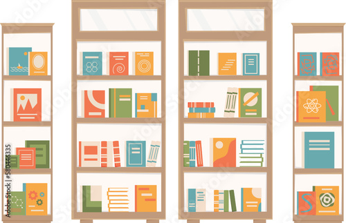 Bookcases with books. Furniture of book shop, library. Shop windows with books. Vector illustration isolated on white background.