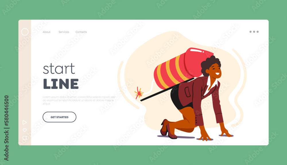 Goal Achievement Landing Page Template. Happy Business Woman Ready for Career Boost with Petard on Back with Burn Fuse.