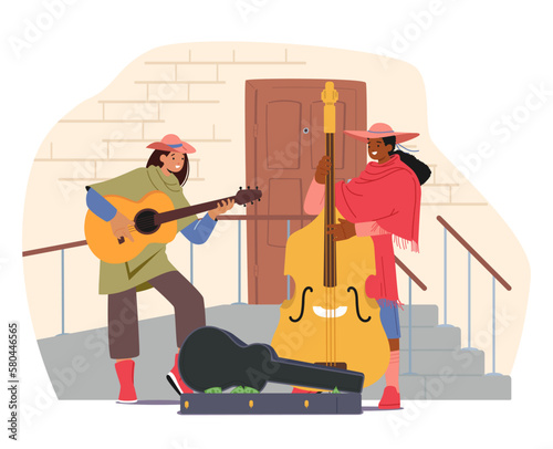 Musicians Perform Outdoor Show On City Street Playing Guitar And Double Bass For Pedestrians Vector Illustration