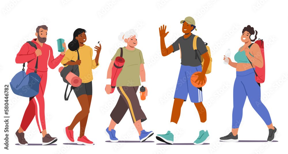 Energetic And Healthy Lifestyle Concept With Male And Female Characters Walking To Gym, Carrying Workout Gear And Water Energetic And Healthy Lifestyle Concept With Male And Female Characters Walking To Gym, Carrying Workout Gear And Water