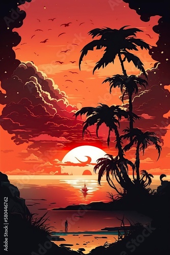 illustration, sunset over the indian ocean, ai generative