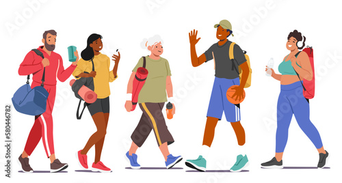 Energetic And Healthy Lifestyle Concept With Male And Female Characters Walking To Gym, Carrying Workout Gear And Water © Hanna Syvak