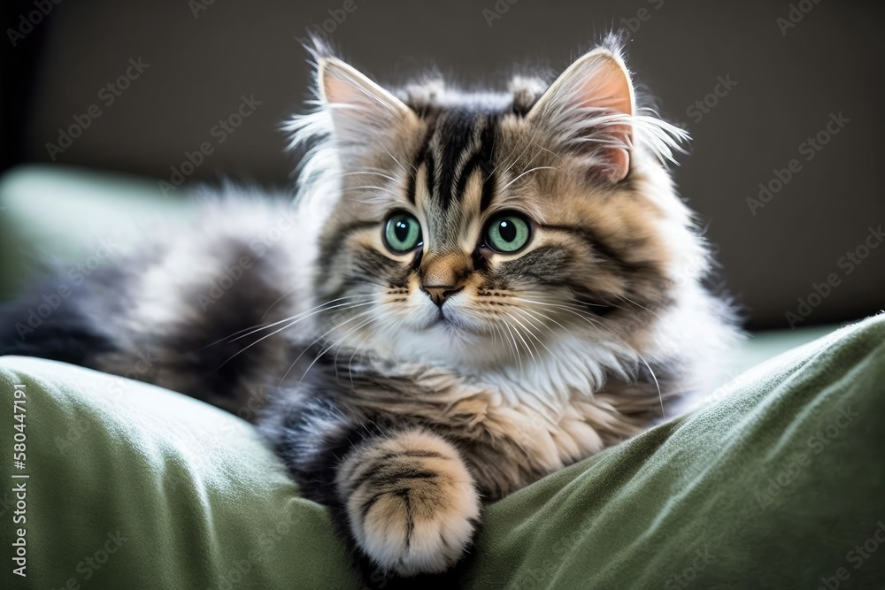 Beautiful Cat sits on a sofa and doesn't look at it. Cat close up. cute fluffy Kitten. A light background shows a kitten with green eyes. Pet. Animal care. Pets that have no breed. Animal history Beautiful Cat sits on a sofa and doesn't look at it. Cat close up. cute fluffy Kitten. A light background shows a kitten with green eyes. Pet. Animal care. Pets that have no breed. Animal history