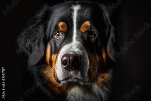Bernese Mountain Dog up close in a picture Curious person looking at camera on black background. Generative AI