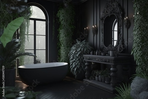 Luxury Interior of bathroom in gothic style. Black and dark bathroom desing. AI Generated.