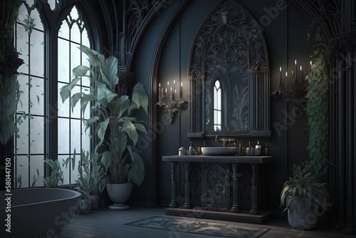 Luxury Interior of bathroom in gothic style. Black and dark bathroom desing. AI Generated.
