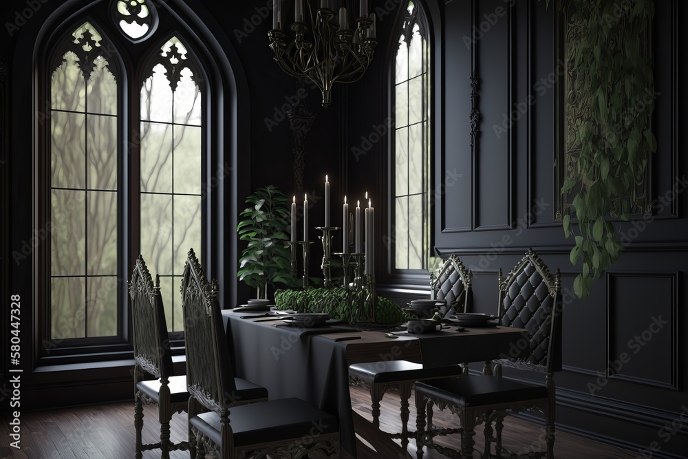 Luxury Interior of living room in gothic style. Black and dark living room desing. AI Generated.