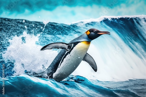 Bird flying free in the water. On Falkland Island  a big King penguin jumps out of the blue water after swimming through the ocean. Scene of wildlife in the wild. The ocean has a funny picture