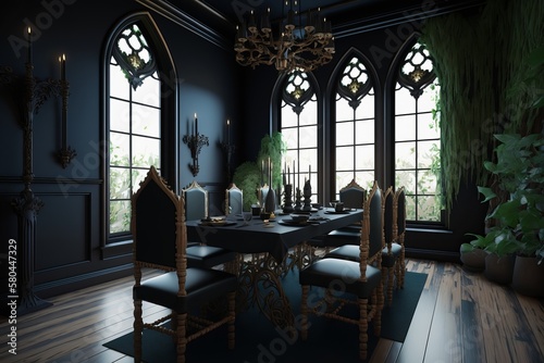 Luxury Interior of living room in gothic style. Black and dark living room desing. AI Generated. © Mr.Everrest