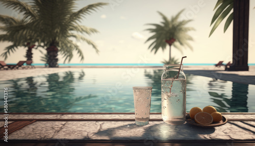 Cocktail on the edge of the pool overlooking the sea, luxury holiday concept created with generative AI technology