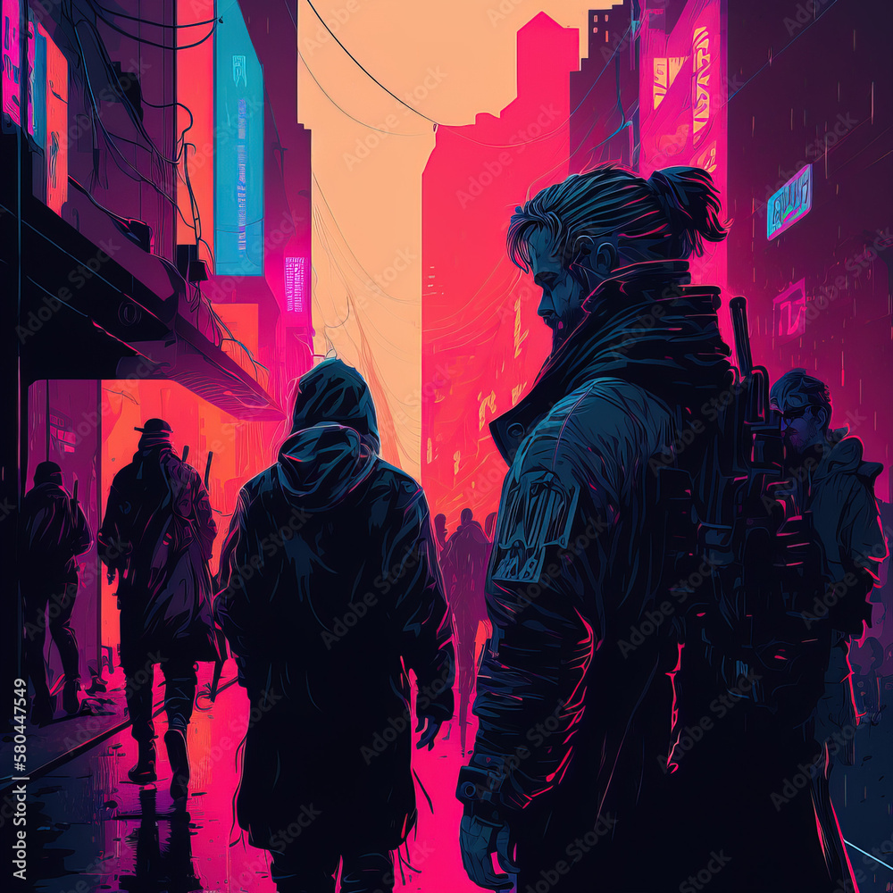 Cyberpunk street scene with hackers, neon lights, and pop art ...