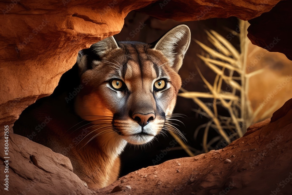 Big wild cat Cougar, Puma concolor, portrait of dangerous animal made with  a stone that hides
