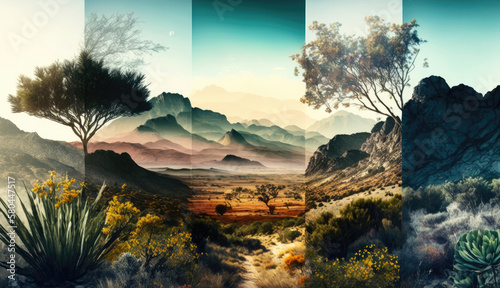 beautiful landscape illustration  different color filters  bushes  forests  mountains  rocks  background image