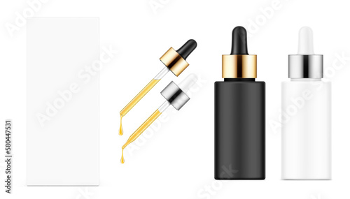 Realistic dropper bottle mockup. Vector illustration isolated on white background. Сan be used for cosmetic, medical and other needs. EPS10.